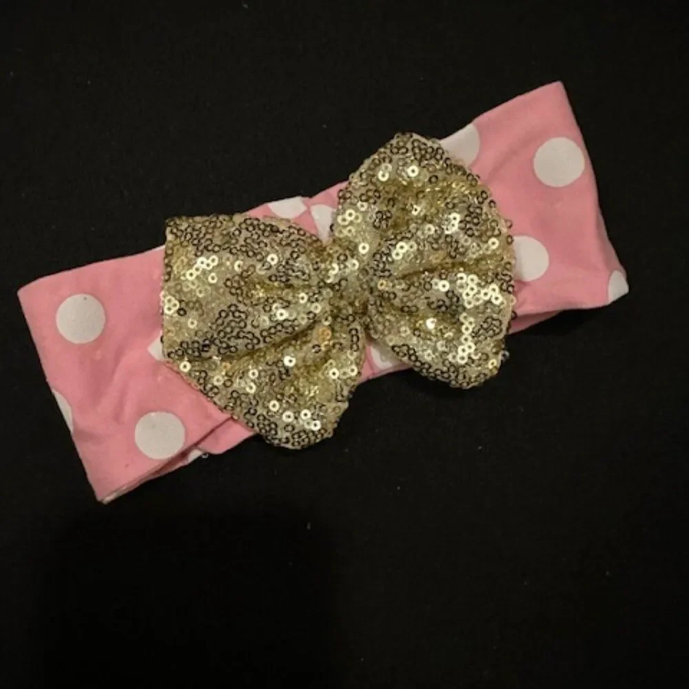 ******  Gold Glitter Big Bow on Pink Polka Dot Headband  GPDGHB    Handmade NWT